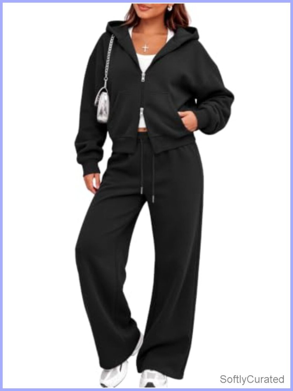 Cropped Sweatsuit Set Oversized Zip Hoodie Wide Leg Sweatpants Lounge 2 Piece